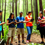 **A vibrant, sun-drenched photograph of a group of diverse volunteers, including families, participating in a local ecosystem monitoring workshop in a Spanish forest. They are using mobile apps to identify plants and animals, surrounded by lush greenery. The scene emphasizes community engagement and hands-on learning about biodiversity.**