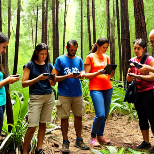 Home 4 **A vibrant, sun-drenched photograph of a group of diverse volunteers, including families, participating in a local ecosystem monitoring workshop in a Spanish forest. They are using mobile apps to identify plants and animals, surrounded by lush greenery. The scene emphasizes community engagement and hands-on learning about biodiversity.**