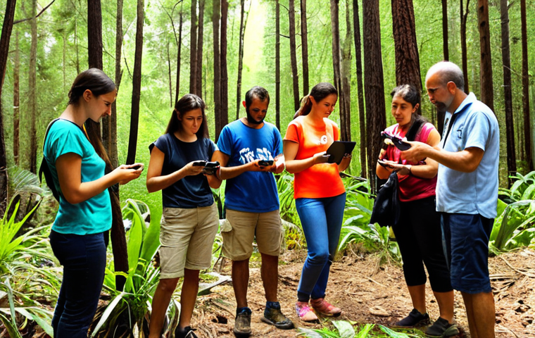 **A vibrant, sun-drenched photograph of a group of diverse volunteers, including families, participating in a local ecosystem monitoring workshop in a Spanish forest. They are using mobile apps to identify plants and animals, surrounded by lush greenery. The scene emphasizes community engagement and hands-on learning about biodiversity.**