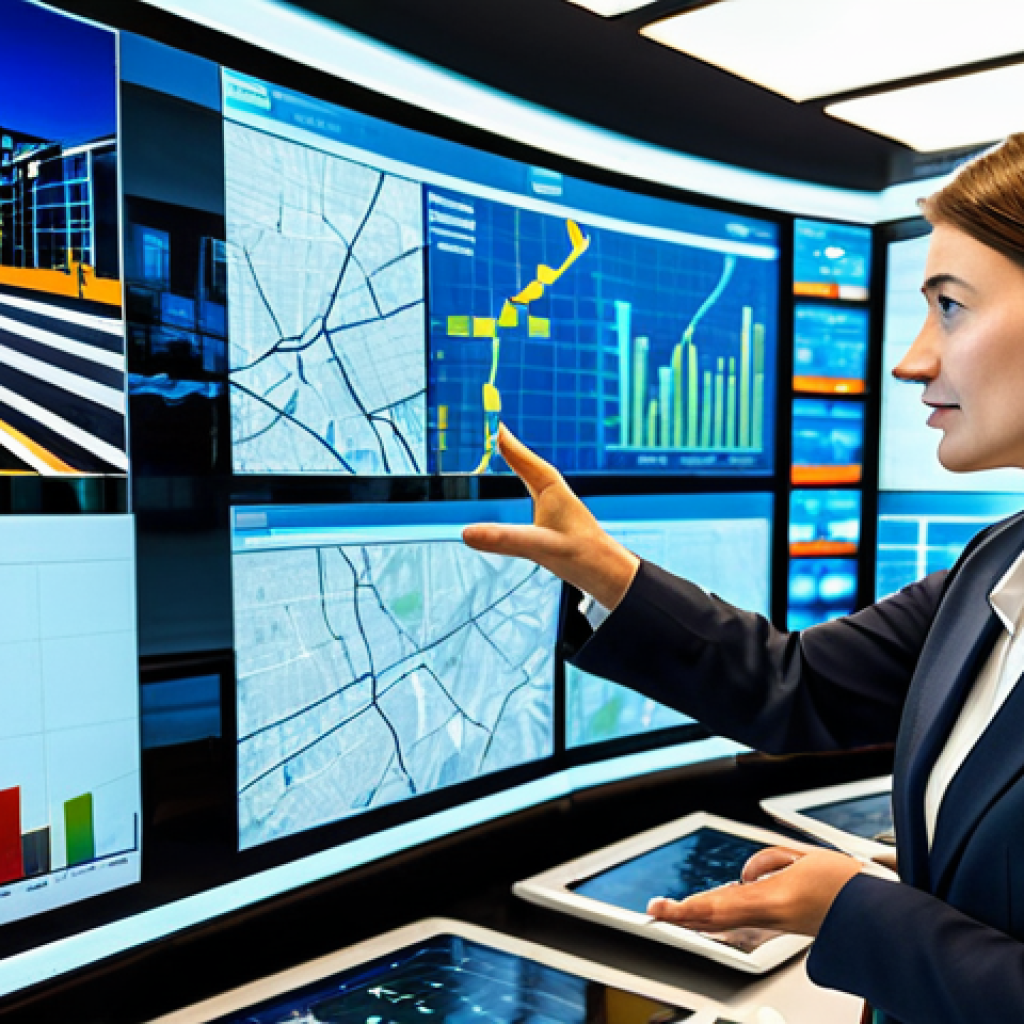 A professional urban planner, fully clothed in a modest business suit, stands in a sophisticated smart city control center. Large, translucent digital screens surround them, displaying real-time data visualizations of urban traffic flow, energy consumption patterns, and environmental quality maps. Holographic interfaces project detailed city models. The lighting is modern and sleek, emphasizing the high-tech environment. The planner has perfect anatomy, correct proportions, well-formed hands, proper finger count, and a natural pose, calmly overseeing the city's operations. This image is safe for work, appropriate content, and depicts a professional, family-friendly scene with natural body proportions.
