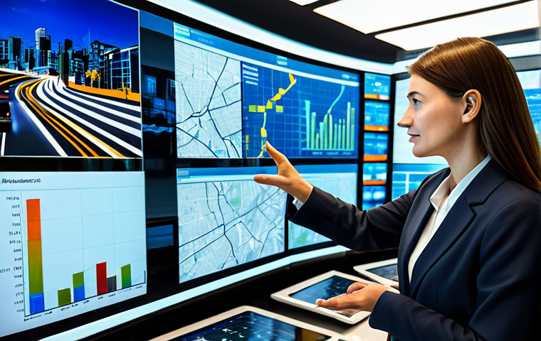A professional urban planner, fully clothed in a modest business suit, stands in a sophisticated smart city control center. Large, translucent digital screens surround them, displaying real-time data visualizations of urban traffic flow, energy consumption patterns, and environmental quality maps. Holographic interfaces project detailed city models. The lighting is modern and sleek, emphasizing the high-tech environment. The planner has perfect anatomy, correct proportions, well-formed hands, proper finger count, and a natural pose, calmly overseeing the city's operations. This image is safe for work, appropriate content, and depicts a professional, family-friendly scene with natural body proportions.