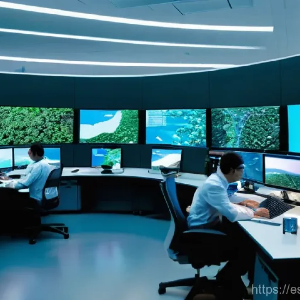 모니터링 데이터 활용을 통한 환경 정책 개선 - **Prompt:** A state-of-the-art environmental monitoring control center, bustling with activity. Larg...