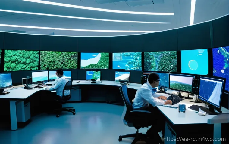 모니터링 데이터 활용을 통한 환경 정책 개선 - **Prompt:** A state-of-the-art environmental monitoring control center, bustling with activity. Larg...