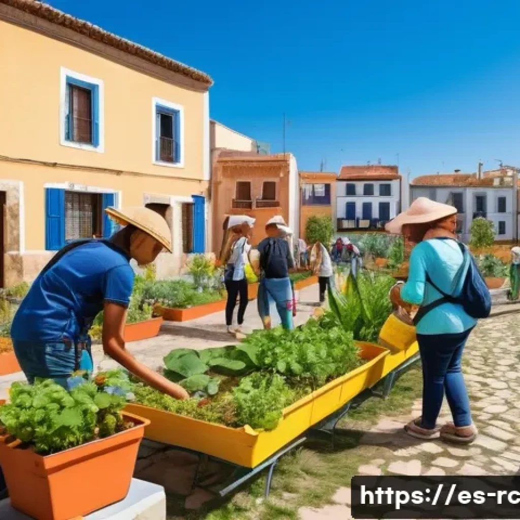 지역 생태계와의 연결성 강화하기 - A vibrant urban community garden scene in a Spanish town, showcasing diverse native plants, colorful...
