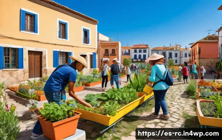 지역 생태계와의 연결성 강화하기 - A vibrant urban community garden scene in a Spanish town, showcasing diverse native plants, colorful...