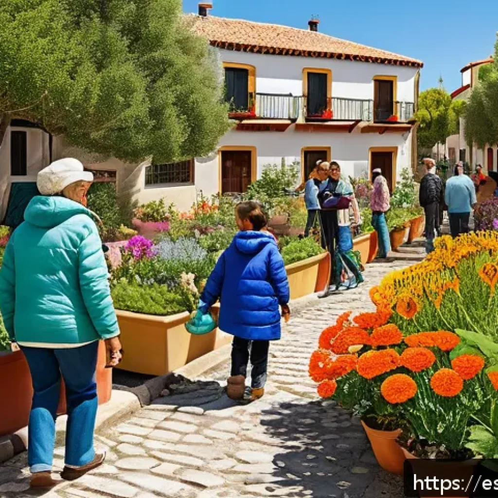 지역 생태계 보호를 위한 캠페인 참여 - A vibrant community garden in a Spanish urban neighborhood, featuring diverse native plants and colo...