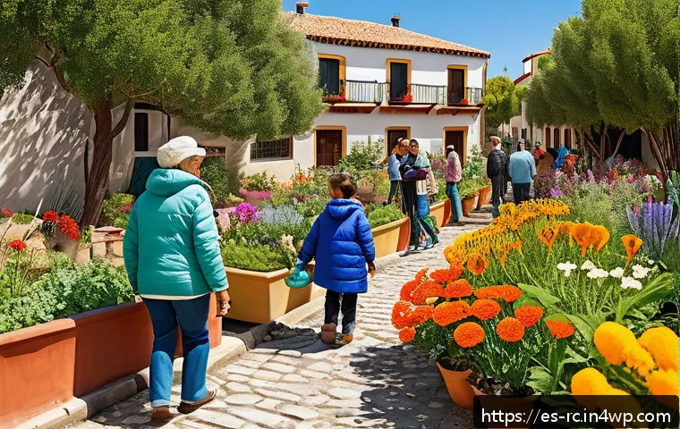 지역 생태계 보호를 위한 캠페인 참여 - A vibrant community garden in a Spanish urban neighborhood, featuring diverse native plants and colo...