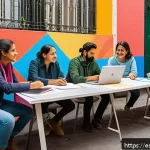 Home 19 모니터링 활동을 위한 재정 지원 방법 - A vibrant community meeting scene in a Latin American neighborhood, featuring diverse local leaders ...