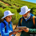 Home 18 생태계 모니터링을 위한 온라인 플랫폼 사용법 - A diverse group of Spanish-speaking citizen scientists in a sunny rural landscape of Spain, wearing ...