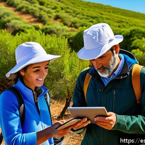 Home 30 생태계 모니터링을 위한 온라인 플랫폼 사용법 - A diverse group of Spanish-speaking citizen scientists in a sunny rural landscape of Spain, wearing ...