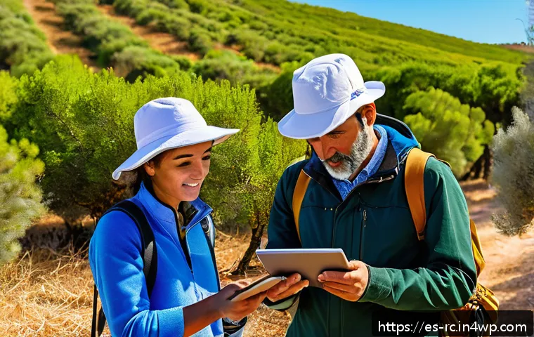 생태계 모니터링을 위한 온라인 플랫폼 사용법 - A diverse group of Spanish-speaking citizen scientists in a sunny rural landscape of Spain, wearing ...