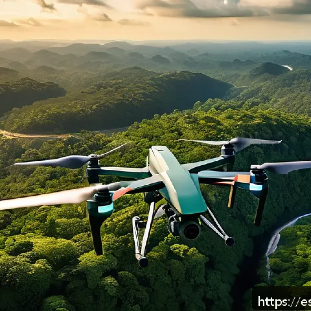 생태계 변화 예측을 위한 데이터 활용법 - A high-tech drone equipped with multispectral cameras flying over a dense tropical forest in Latin A...