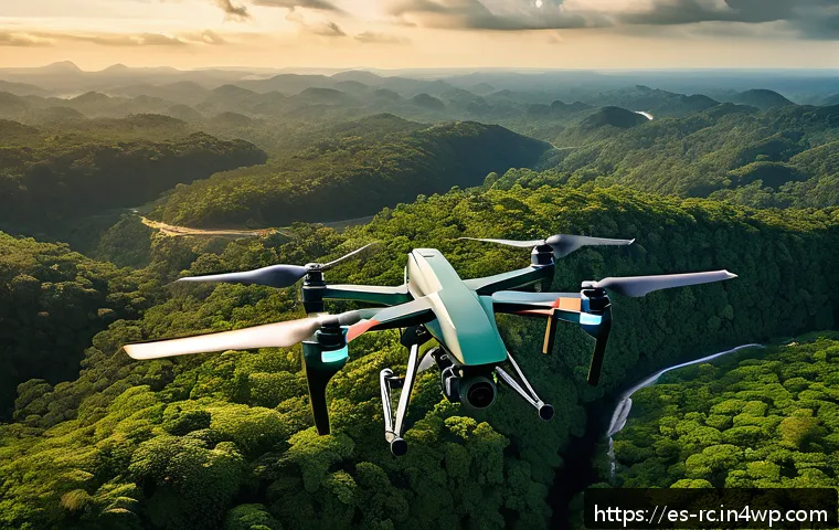 생태계 변화 예측을 위한 데이터 활용법 - A high-tech drone equipped with multispectral cameras flying over a dense tropical forest in Latin A...