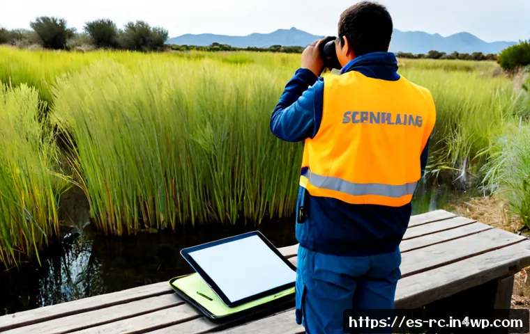 생태계 모니터링 참여자를 위한 가이드라인 - Photorealistic ecosystem monitoring volunteer scene in a Mediterranean Spanish nature reserve, a div...